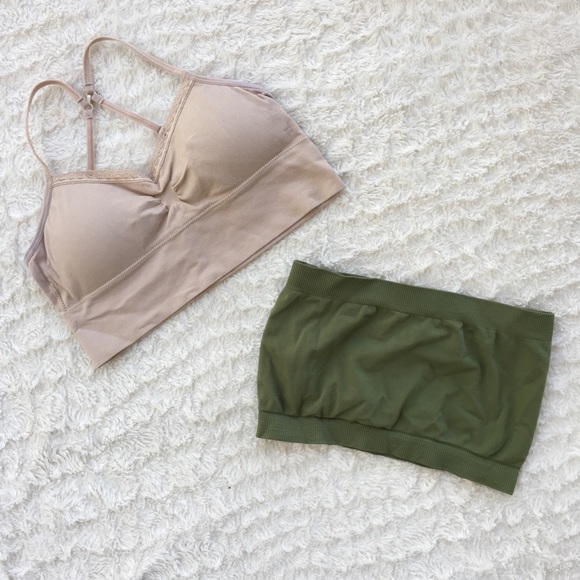 Army Green Bandeau & Nude Lounge Bra Set sz Medium - Picture 1 of 6